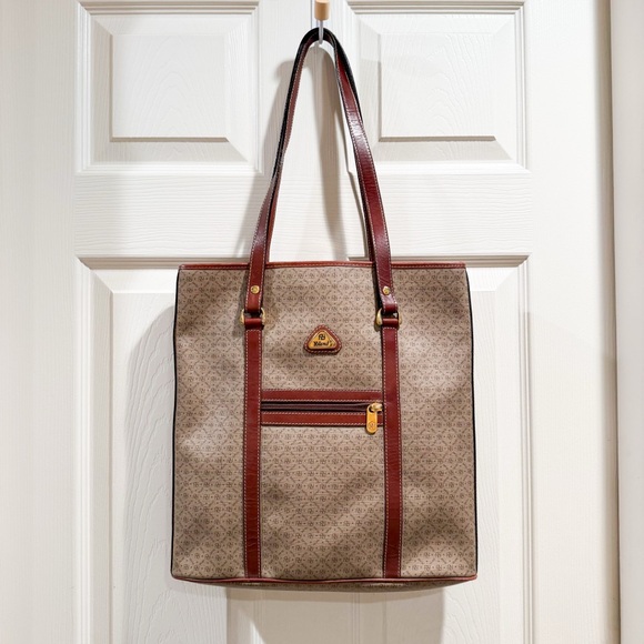 yoland Handbags - Yoland Monogram Coated Canvas Tote Brown Tan Leather Weekender Large